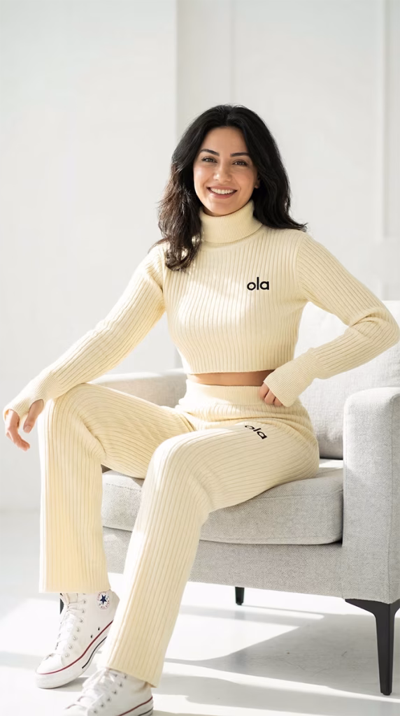 Kiwi Giyim Kadın & Erkek Moda Fitilli Balıkçı Yaka Kadın ekru Triko Takım