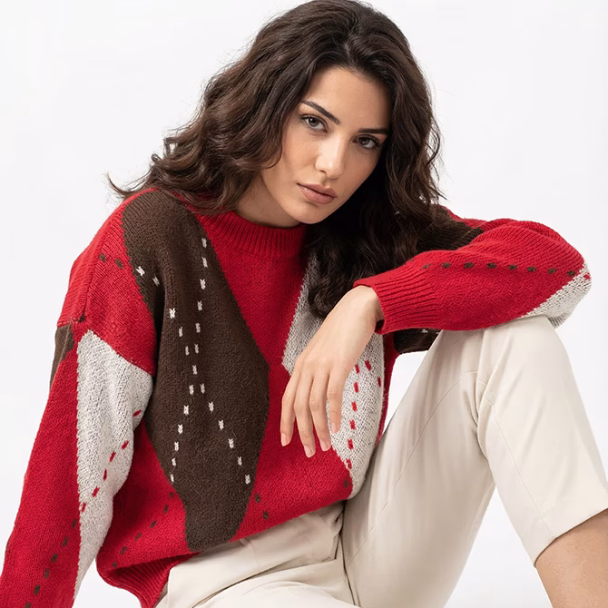 Kiwi Giyim Kadın & Erkek Moda Kadın Baklava Desenli Bisiklet Yaka Yumuşak Dokulu Triko Kazak