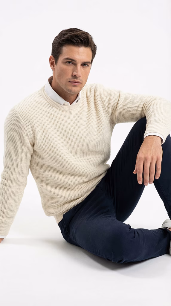 Kiwi Giyim Kadın & Erkek Moda Ekru Waffle Örgü Desenli Bisiklet Yaka Erkek Kazak