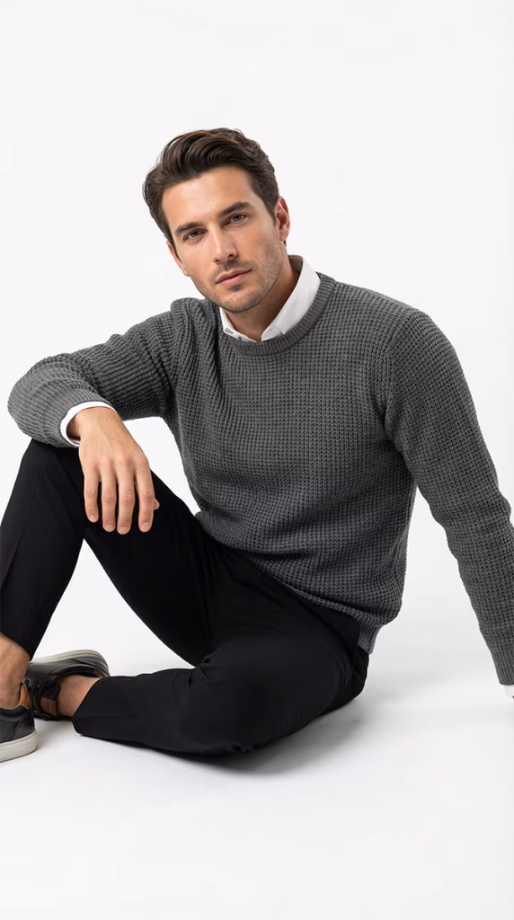 Kiwi Giyim Kadın & Erkek Moda Füme Waffle Örgü Desenli Bisiklet Yaka Erkek Kazak