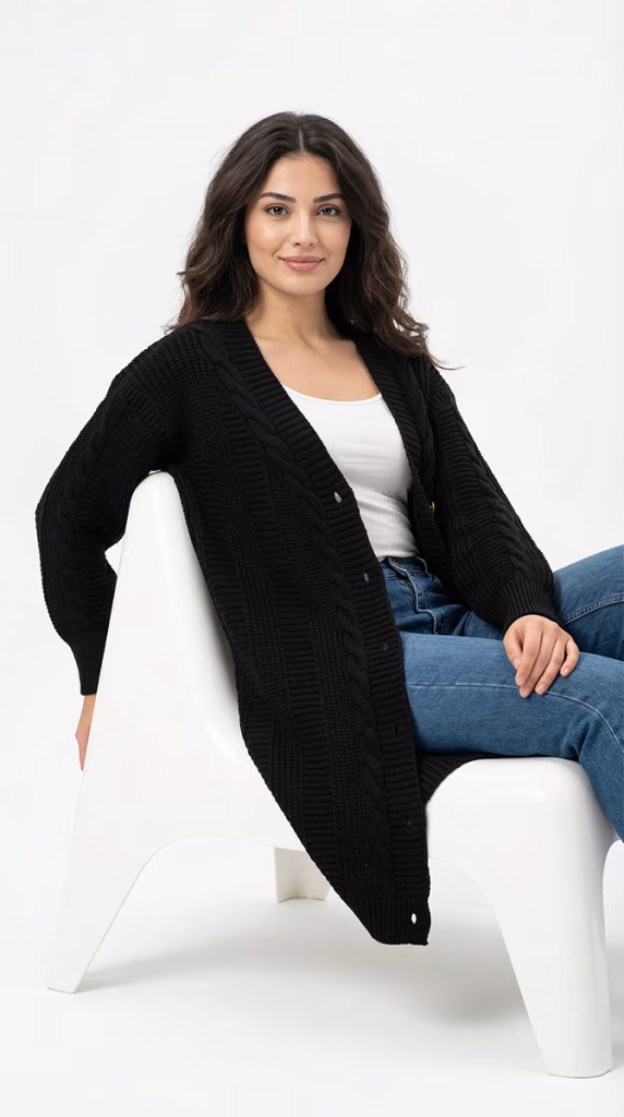 Düğmeli Kadın Triko Hırka - Saç Örgü Detaylı Düğmeli Kadın Triko Hırka - Saç Örgü Detaylı