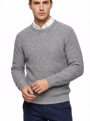 Gri Waffle Örgü Desenli Bisiklet Yaka Erkek Kazak