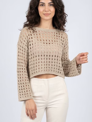 Kiwi Giyim Kadın & Erkek Moda Bej Ajurlu Örgü Desenli Kayık Yaka Triko Bluz