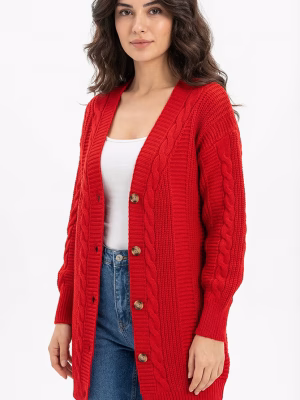 Kiwi Giyim Kadın & Erkek Moda Düğmeli Kırmızı Kadın Triko Hırka - Saç Örgü Detaylı